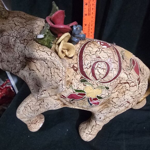 Decorative Hand-Painted Elephant Figurine With Floral Accents & Crackled Texture - Picture 5 of 9